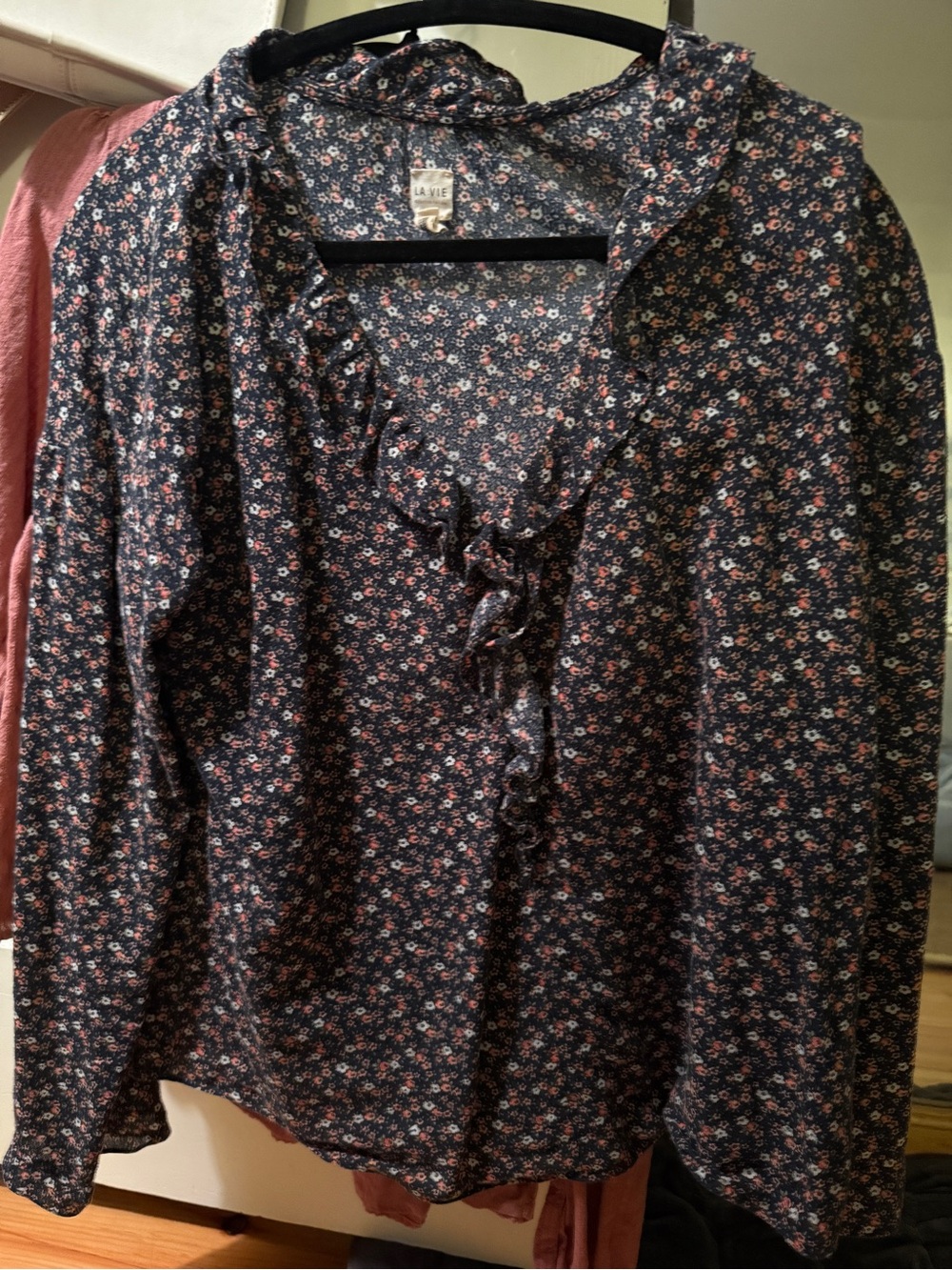Dark Navy Floral Ruffle-Front Blouse